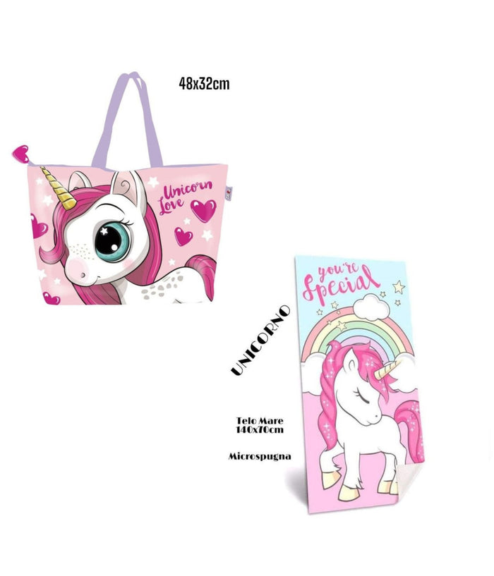 Telo Mare In Cotone Unicorni + Borsa Mare Coordinata Asciugamano Mare Piscina         