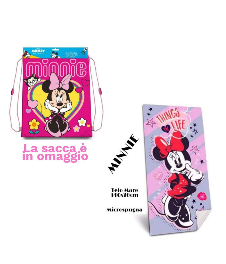 Telo Mare In Cotone 140*70 Asciugamano Mare Minnie Mouse + Sacca In Omaggio         