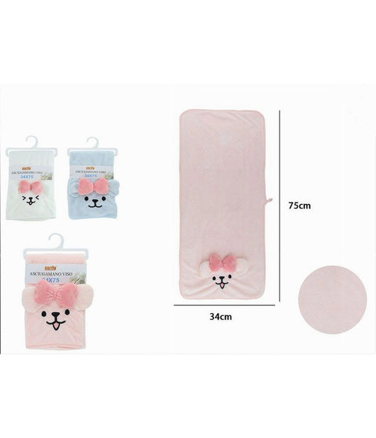 Asciugamano Viso 34 X 75cm Tessuto Morbido Cagnolina Fiocco Bagno 3 Colori 10741         