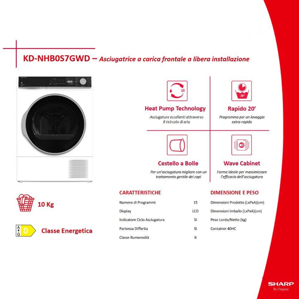 Asciugatrice Sharp 10 kg pompa di calore KDNHB0S7GWD Classe D