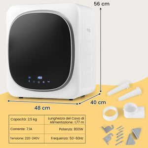 Asciugatrice portatile con cestello in acciaio inox da 5kg touchscreen a LED, Asciugatrice compatta a carica frontale-Elettrodomestici pulizia