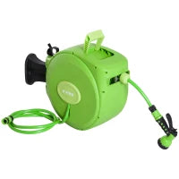 Outsunny Avvolgitubo da Giardino Retrattile con Tubo dell'Acqua 20 m, Rullo Avvolgitubo da Parete Girevole a 180°, Avvolgitubo Automatico Tubo da Giardino per Irrigazione in plastica, Verde