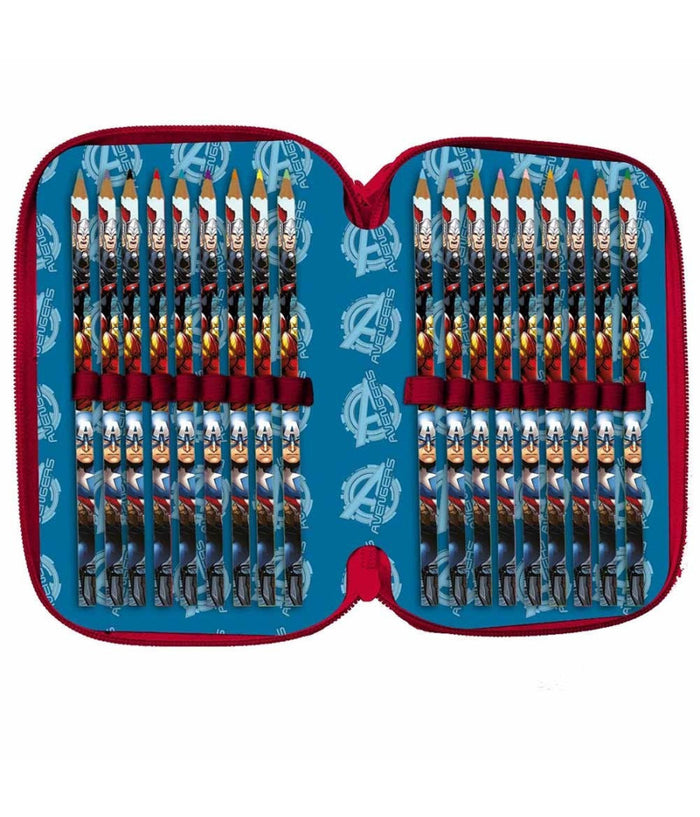 Astuccio Portapastelli Scuola 3 Zip Avengers Accessoriato Con Pastelli Pennarelli         