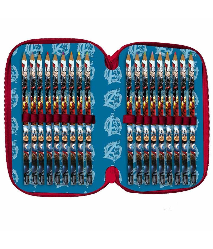 Astuccio Portapastelli Scuola 3 Zip Avengers Accessoriato Con Pastelli Pennarelli         