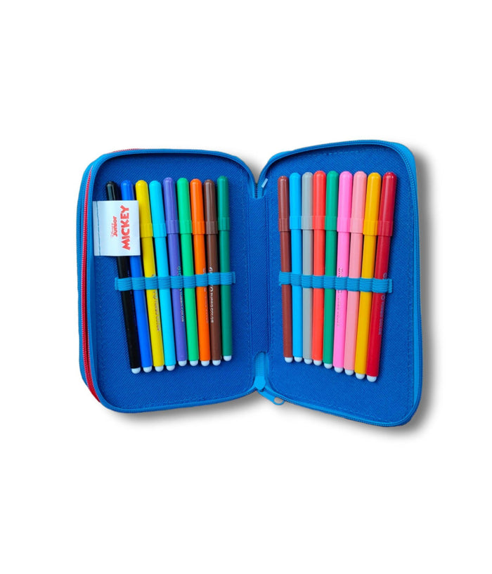Astuccio Portapastelli Scuola 3 Zip Topolino Accessoriato Pastelli Pennarelli Mm         