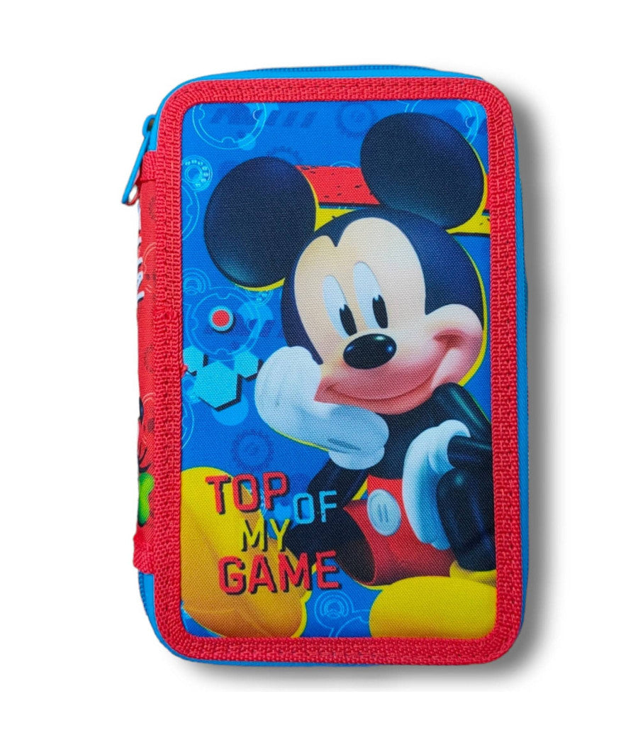 Astuccio Portapastelli Scuola 3 Zip Topolino Accessoriato Pastelli Pennarelli Mm         