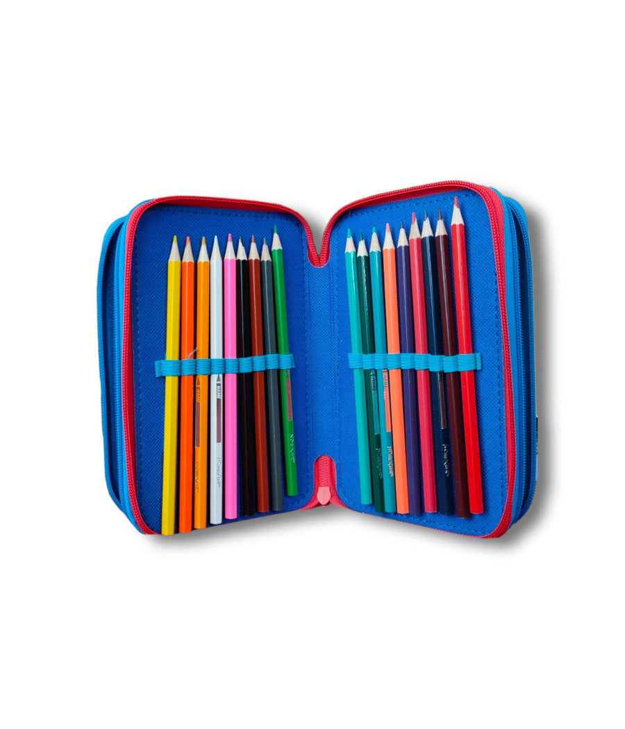 Astuccio Portapastelli Scuola 3 Zip Topolino Accessoriato Pastelli Pennarelli Mm         