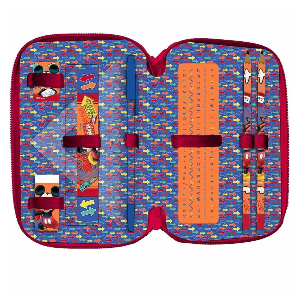 Trade Shop - Astuccio Portapastelli Scuola 3 Zip Topolino Accessoriato Pastelli Pennarelli -