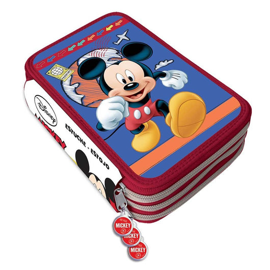Trade Shop - Astuccio Portapastelli Scuola 3 Zip Topolino Accessoriato Pastelli Pennarelli -