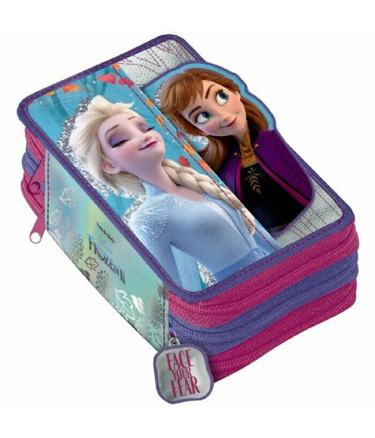 Astuccio Portapenne 3 Zip Scomparti Completo Frozen Ii Accessori Scuola Bambine         