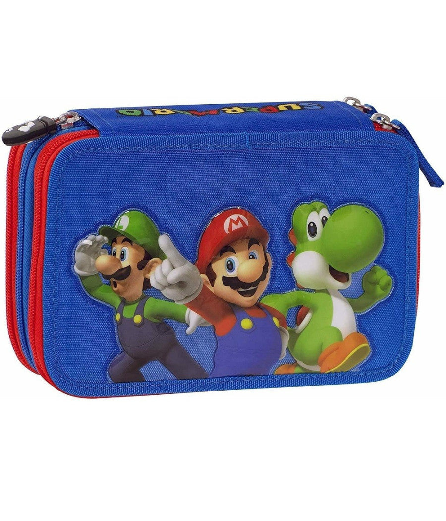 Astuccio Scuola Super Mario 3 Scomparti Zip Completo Di Cancelleria Pennarelli         