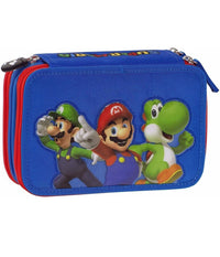 Astuccio Scuola Super Mario 3 Scomparti Zip Completo Di Cancelleria Pennarelli         