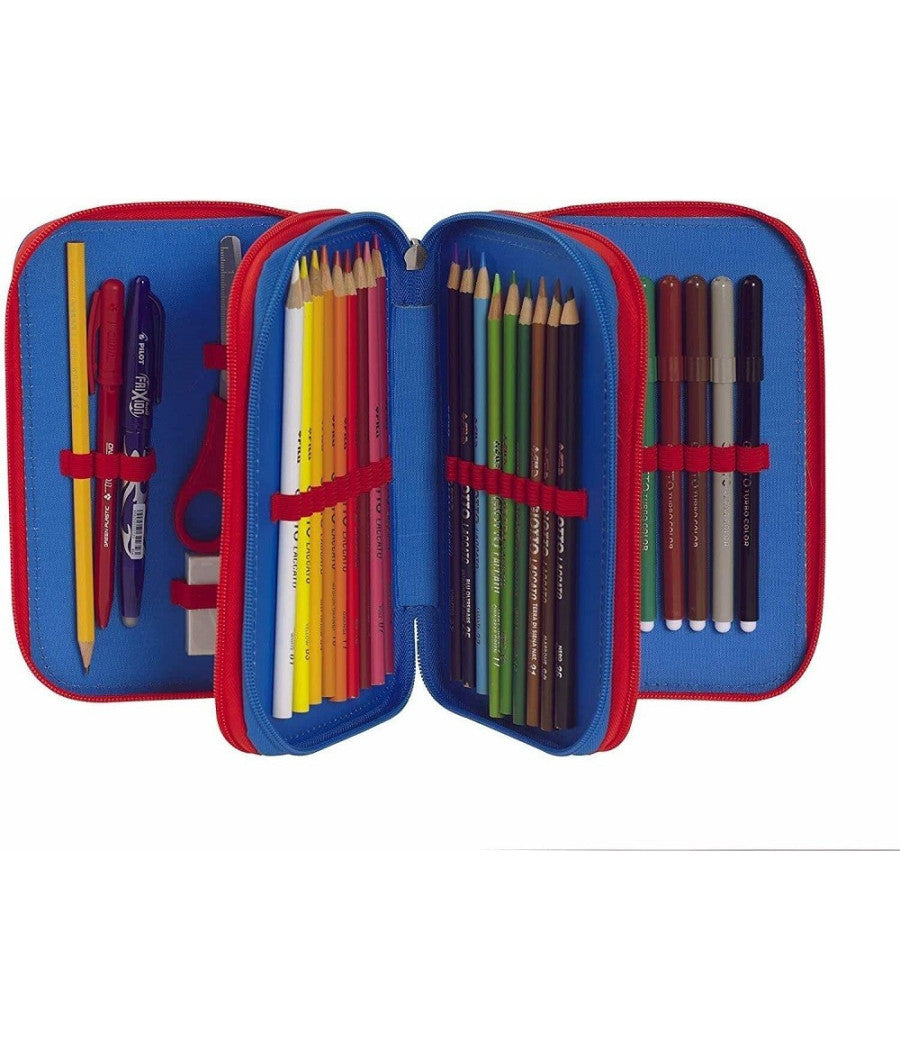 Astuccio Scuola Super Mario 3 Scomparti Zip Completo Di Cancelleria Pennarelli         