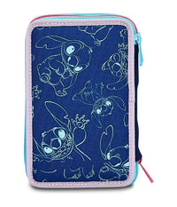 Astuccio Stitch E Lilo 3 Zip Per Scuola Elementare Completo Di Accessori Seven         