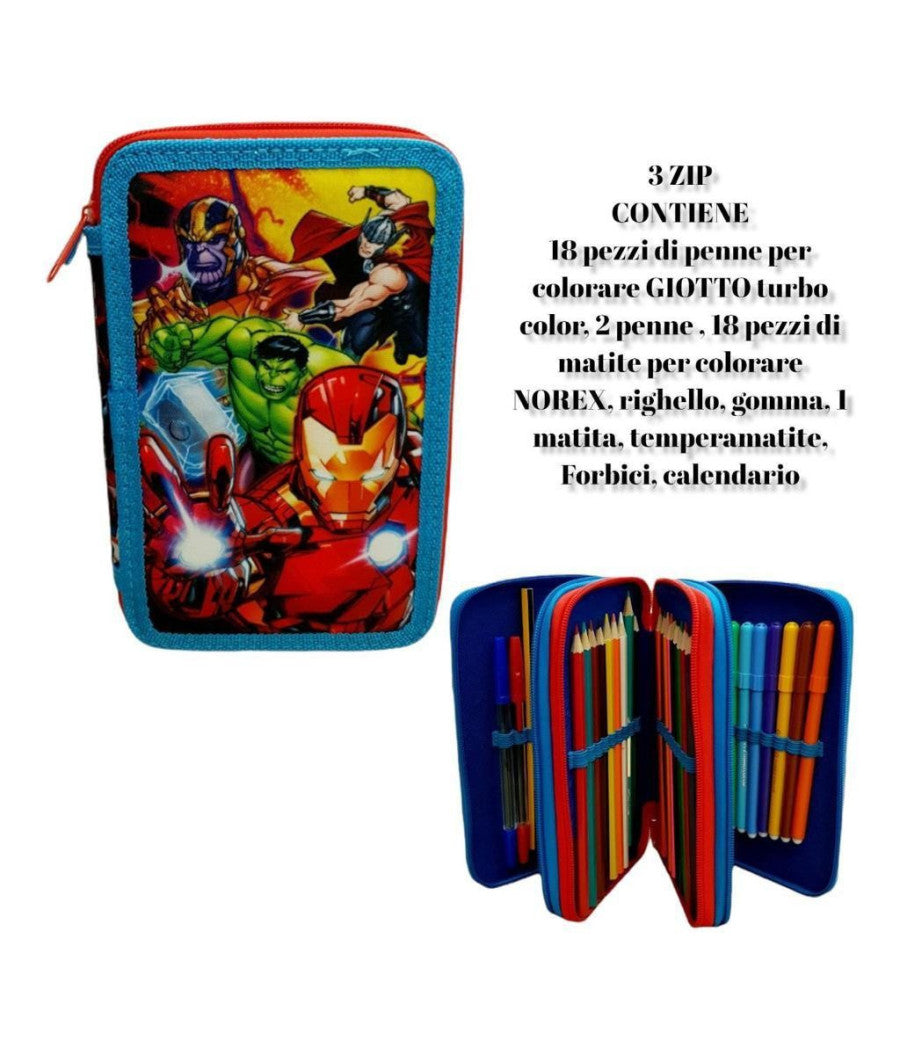 Astuccio Triplo Avengers Assemble 3 Zip Completo Accessoriato Bambini Scuola         