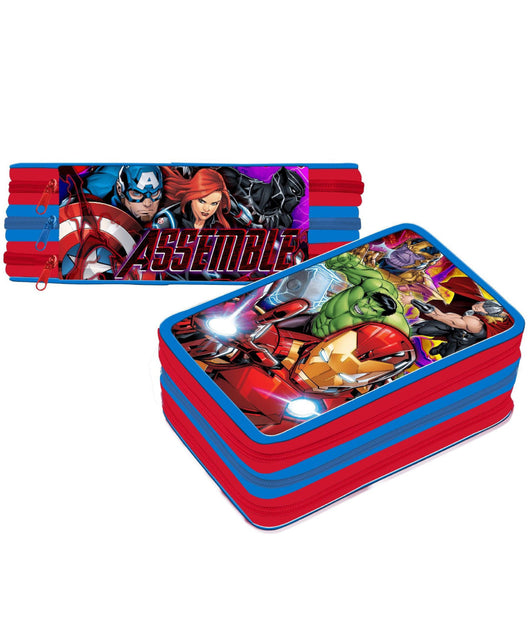 Astuccio Triplo Avengers Assemble 3 Zip Completo Accessoriato Bambini Scuola         