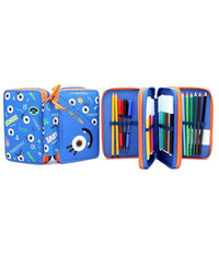 Astuccio 3 Zip 3 Scomparti Colore Blu Funny Happiness Smemoranda         