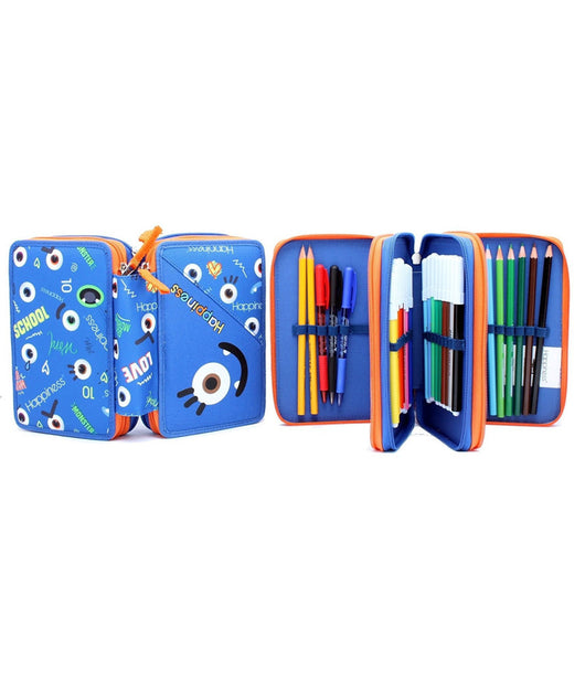 Astuccio 3 Zip 3 Scomparti Colore Blu Funny Happiness Smemoranda         