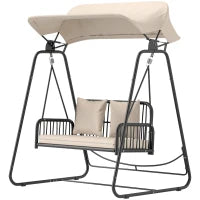 Sedia a Dondolo in Rattan 2 Posti con Tetto e Cuscini, fino a 240 kg, 149 x 121 x 180 cm, Marrone