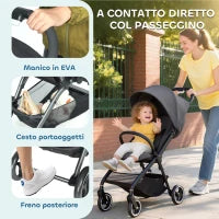 Passeggino per Bambini 0-3 Anni Pieghevole e Leggero con Schienale Regolabile, Capottina, Cestino, Grigio Scuro