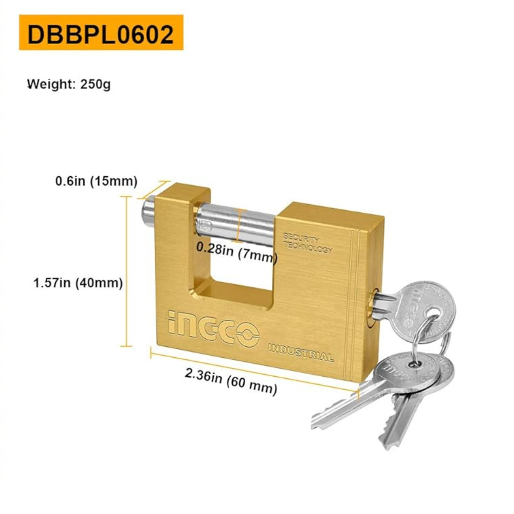 Lucchetto rettangolare ottone massiccio cilindro acciaio 3 chiavi sicurezza *** lunghezza 60 mm, confezione 1