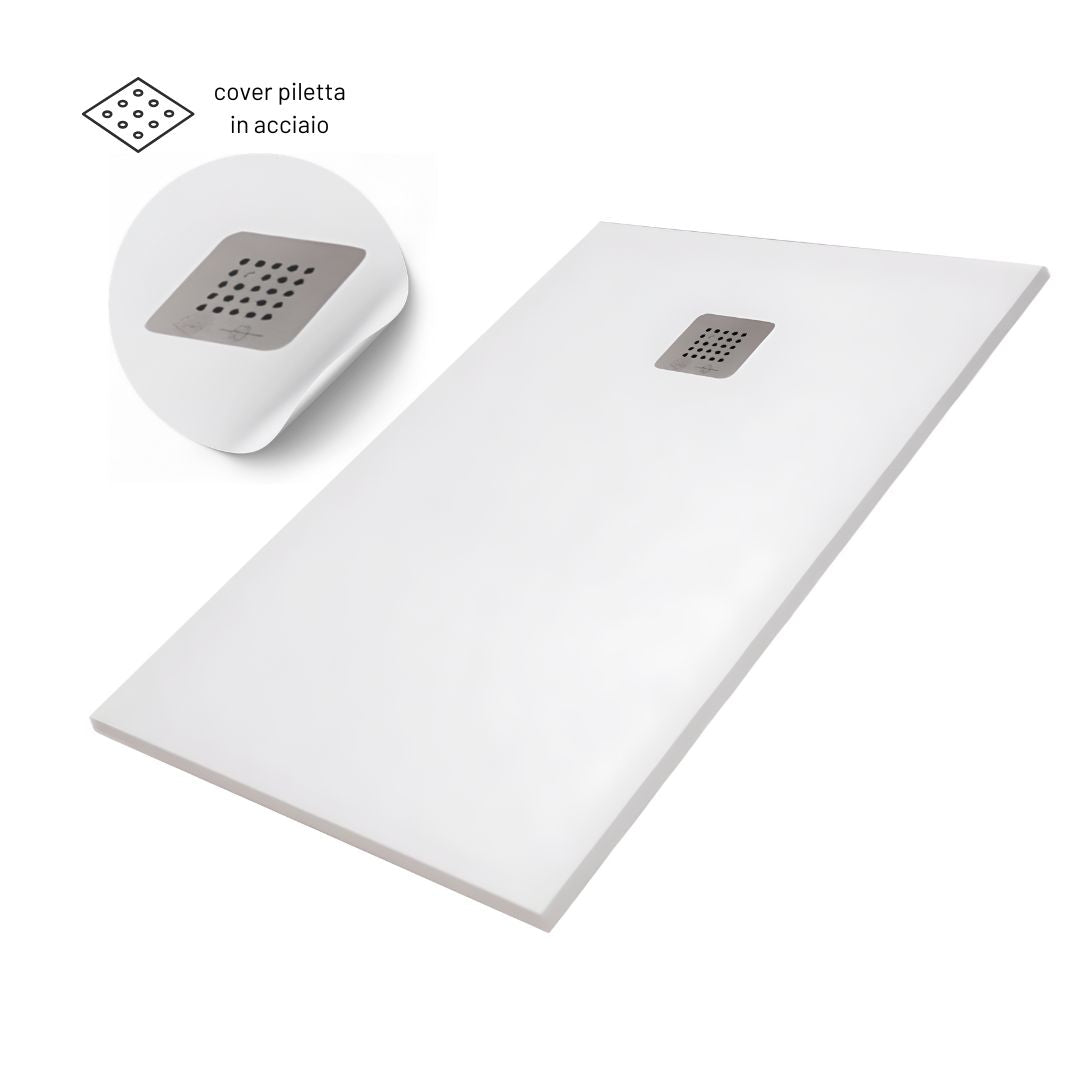 Piatto doccia mineral marmo resina antiscivolo h3,5 cm con piletta *** finitura- bianco opaco, misure l120 x p80 x h3...