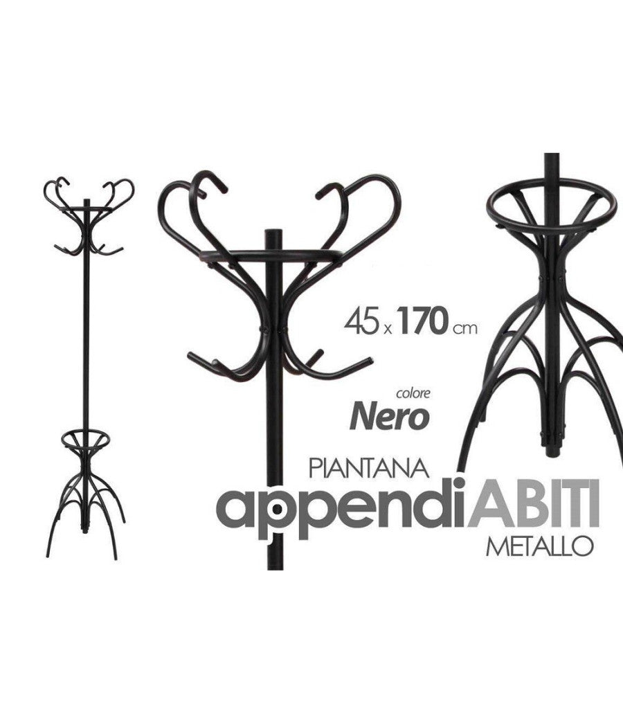 Attaccapanni Appendiabiti Piantana In Metallo Ganci Moderno Nero 45x170cm 756658         