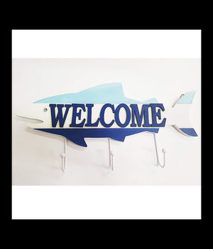 Attaccapanni Appendino 3 Ganci Parete Legno Pesce Welcome Stile Marino         