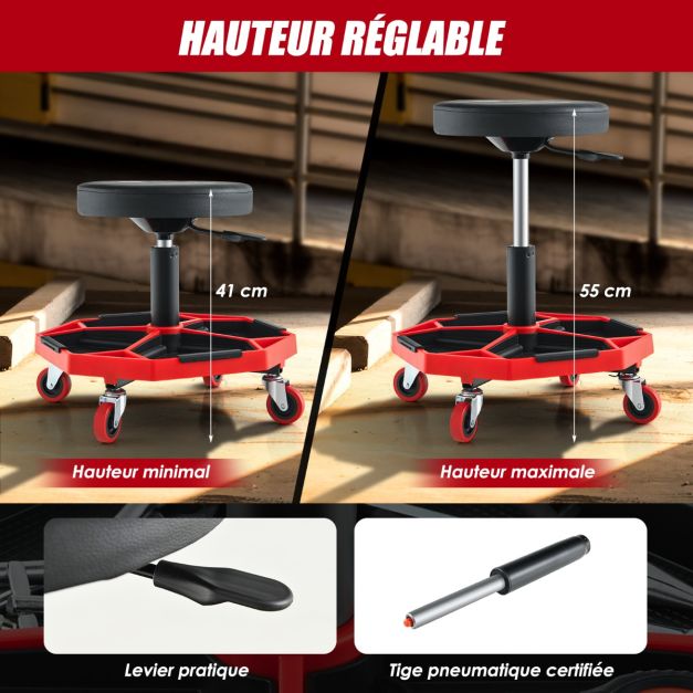 Sgabello da officina pneumatico con 4 ruote universali vassoio porta attrezzi sedile imbottito portata max 150 kg 20_0009476