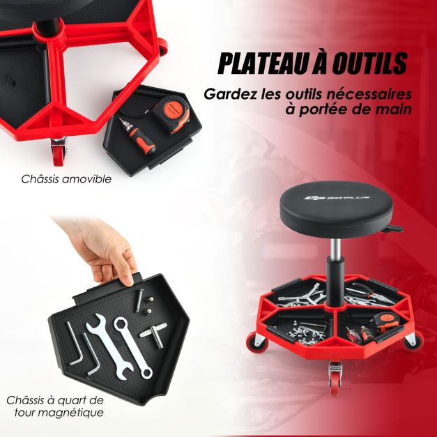 Sgabello da officina pneumatico con 4 ruote universali vassoio porta attrezzi sedile imbottito portata max 150 kg 20_0009476