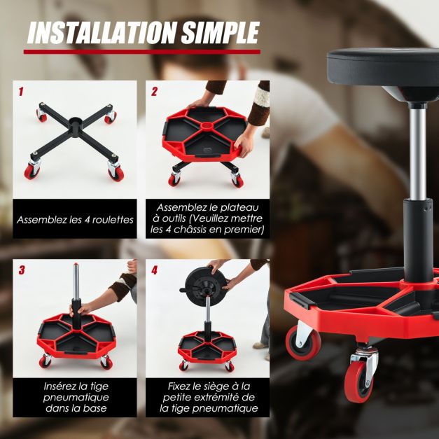 Sgabello da officina pneumatico con 4 ruote universali vassoio porta attrezzi sedile imbottito portata max 150 kg 20_0009476