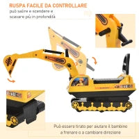Escavatore Ruspa Giocattolo Cavalcabile per Bambini max. 30 kg con Schienale, Braccio Mobile e Vano Contenitore, 78x24x58.5cm