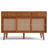 Credenza con 3 Cassetti e 3 Ante Scorrevoli con Intreccio di Rattan, Ripiani Regolabili, per Cucina e Soggiorno, 120×40×78 cm, Colore Noce