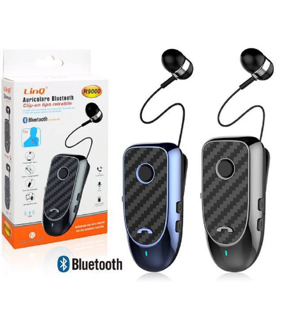 Auricolare Cuffie Stereo Bluetooth Con Clip-on Cavo Retrattile R9000 Microfono         