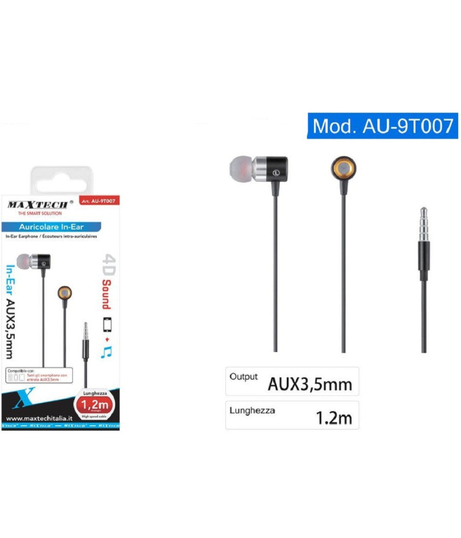 Auricolari Cuffie In-ear Cavo 1,2 Metri Connettore Aux 3,5mm Smartphone Au-9t007         