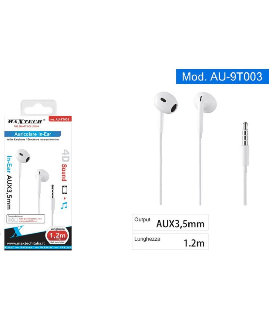Auricolari Cuffie In-ear Cavo Da 1,2mt Connettore Aux 3,5mm Smartphone Au-9t003         