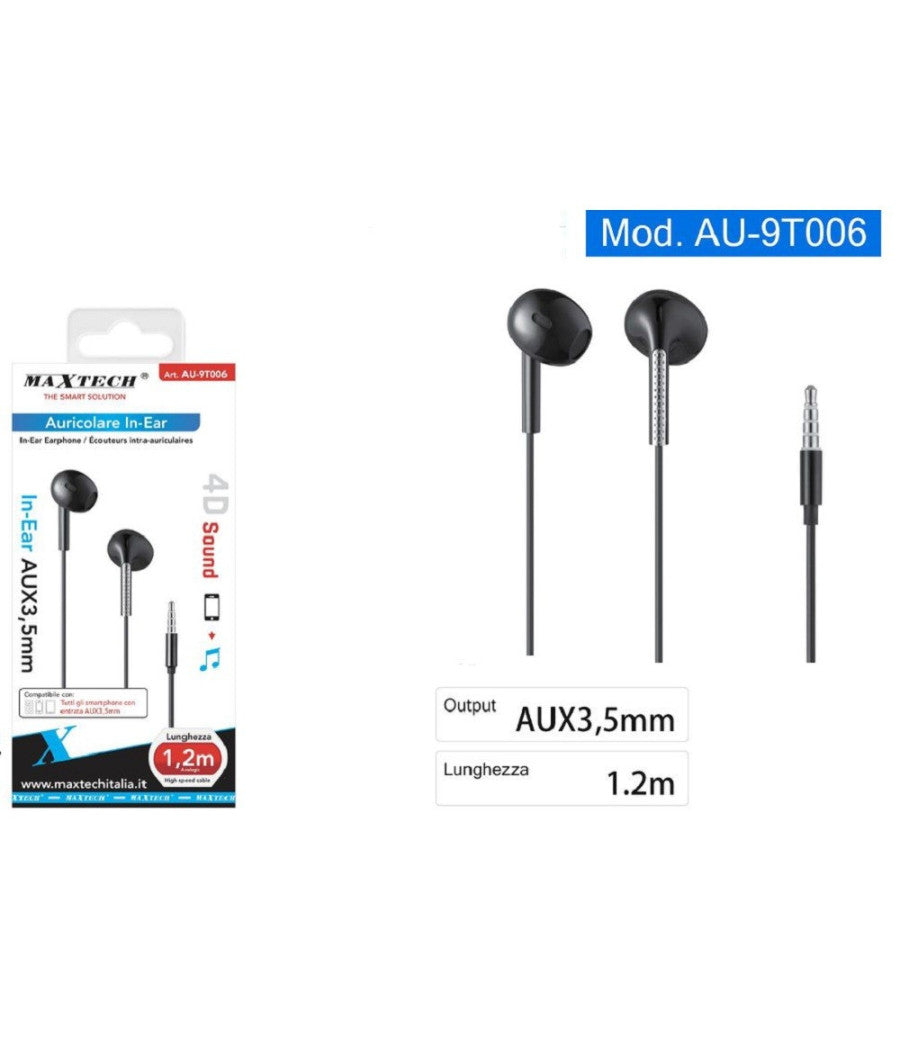 Auricolari Cuffie In-ear Connettore Aux 3,5mm Cavo Da 1,2 Mt Smartphone Au-9t006         