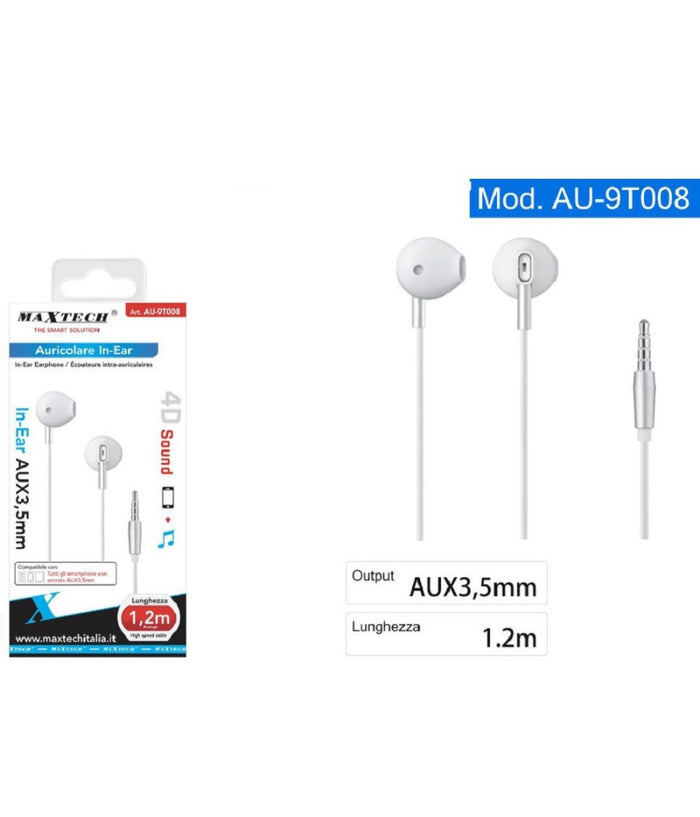 Auricolari In-ear Cuffie Filo 1,2mt Connettore Aux 3,5mm Per Smartphone Au-9t008         