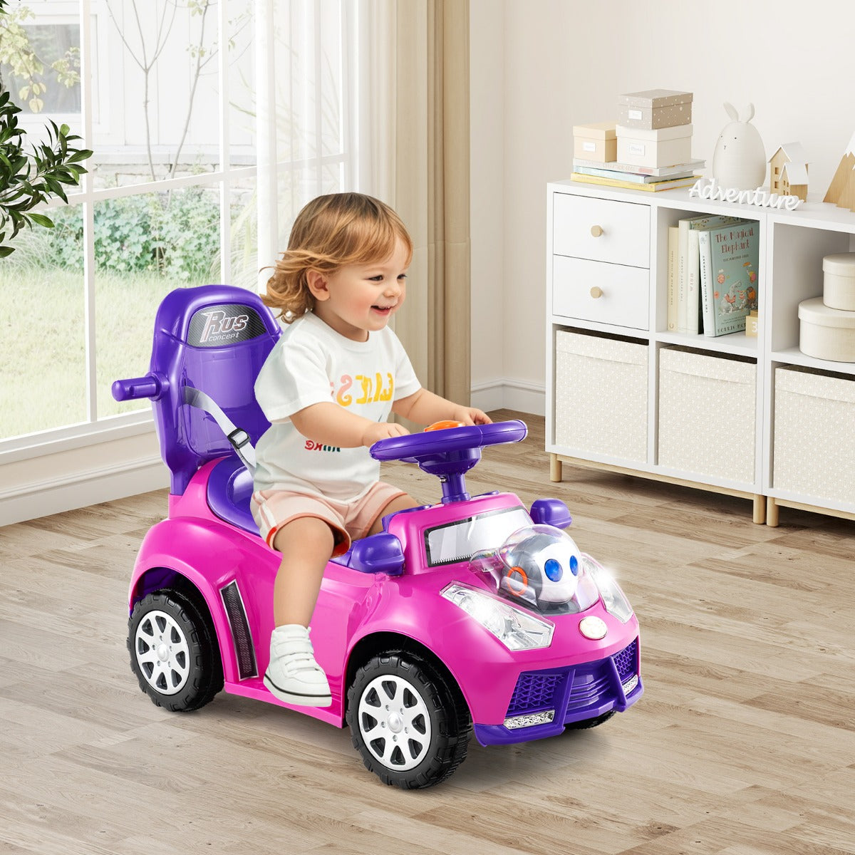 Auto da passeggio con clacson con spazio sotto il sedile di sicurezza, Auto a spinta 3 in 1 per bambini Rosa-Biciclette e tricicli
