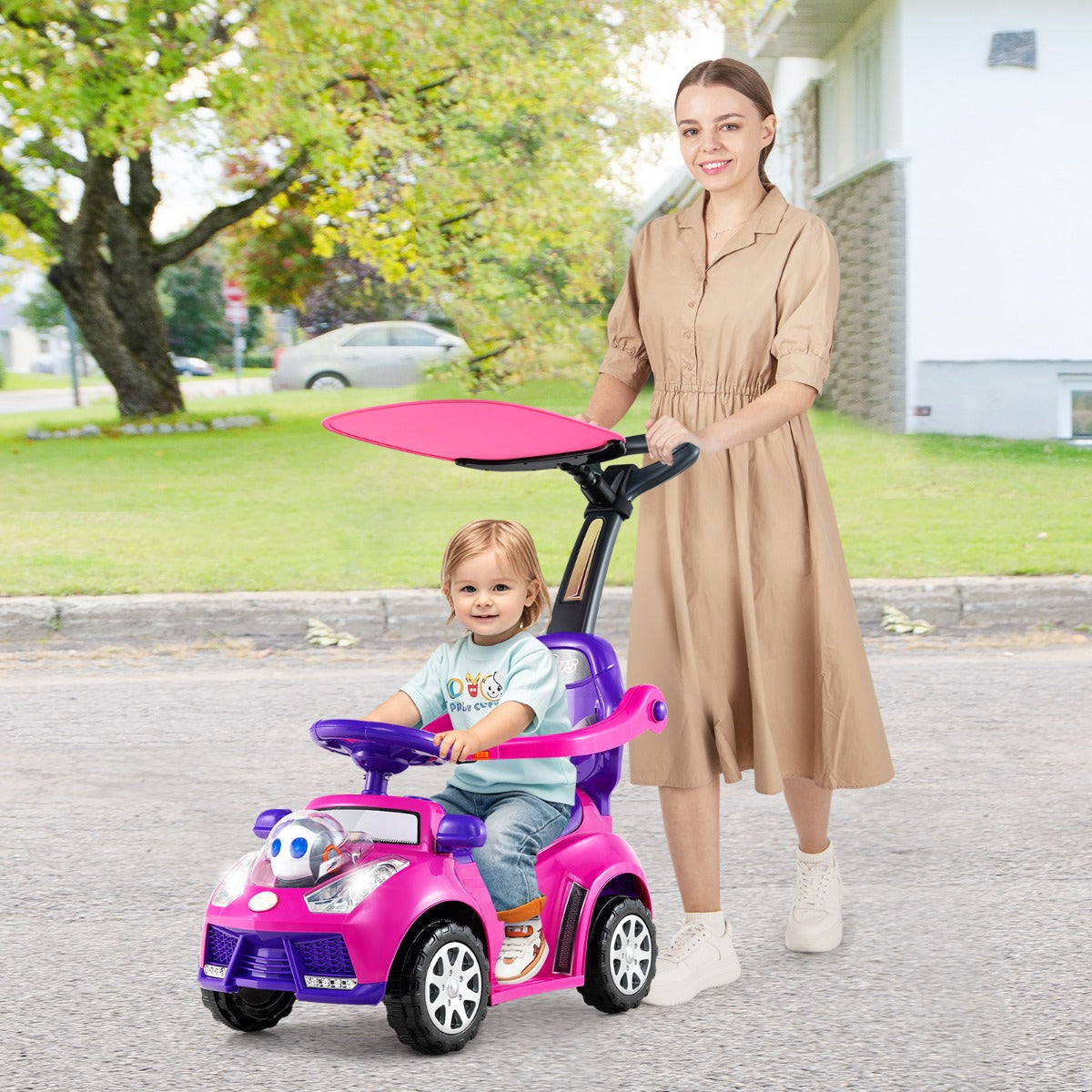 Auto da passeggio con clacson con spazio sotto il sedile di sicurezza, Auto a spinta 3 in 1 per bambini Rosa-Biciclette e tricicli