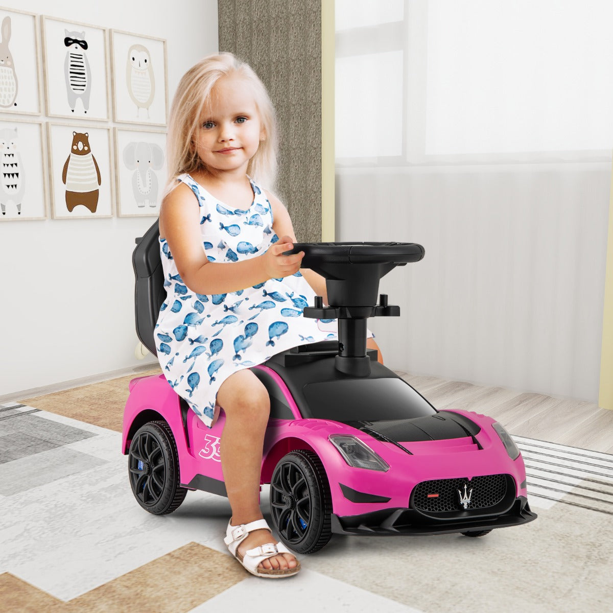 Auto da spinta 3-in-1 con 2 ruote universali volante musicale paracolpi e manubrio, Auto per bambini da 18 a 60 mesi Rosa-Biciclette e tricicli