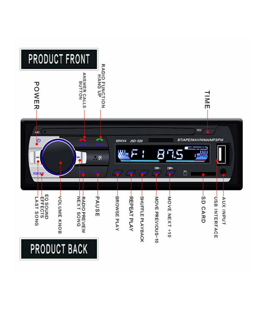 Autoradio Lettore Mp3 Ca001b Sistema Audio Auto Universale 1 Din Bluetooth Aux         