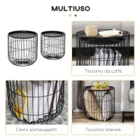 Set 2 Tavolini da Salotto Impilabili Rotondi in Acciaio con Vano Contenitore, Nero