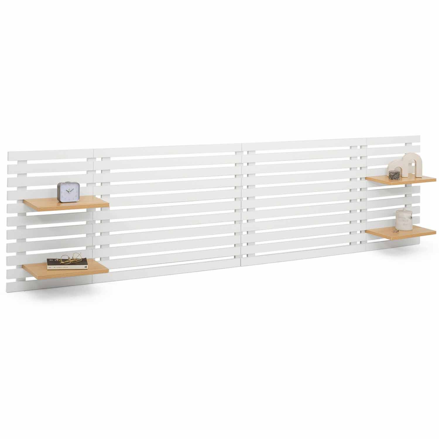 IDMarket - AVA 240 CM testiera a doghe in legno bianco con ripiani in stile faggio