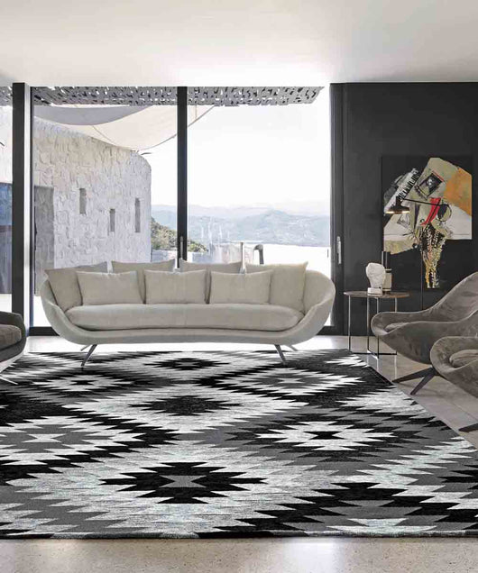 Tappeto moderno AVANA NERO geometrico etnico kilim, Tappeto arredo ingresso camera da letto lavabile anti-scivolo cm.85x150