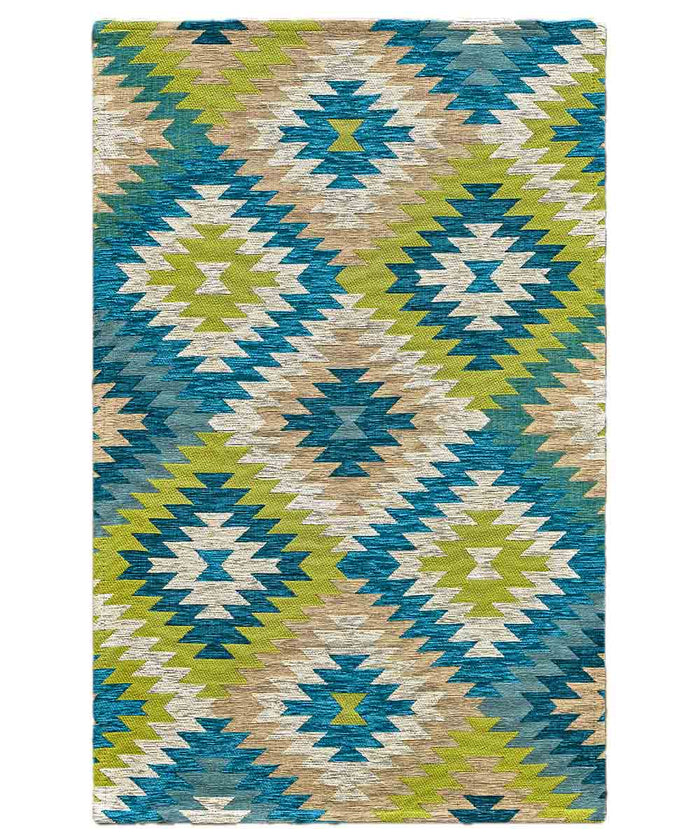 Coppia tappeti moderni AVANA VERDE BLU geometrico etnico kilim, passatoie arredo camera matrimoniale scendiletto lavabili anti-scivolo cm.65x110 (Coppia)