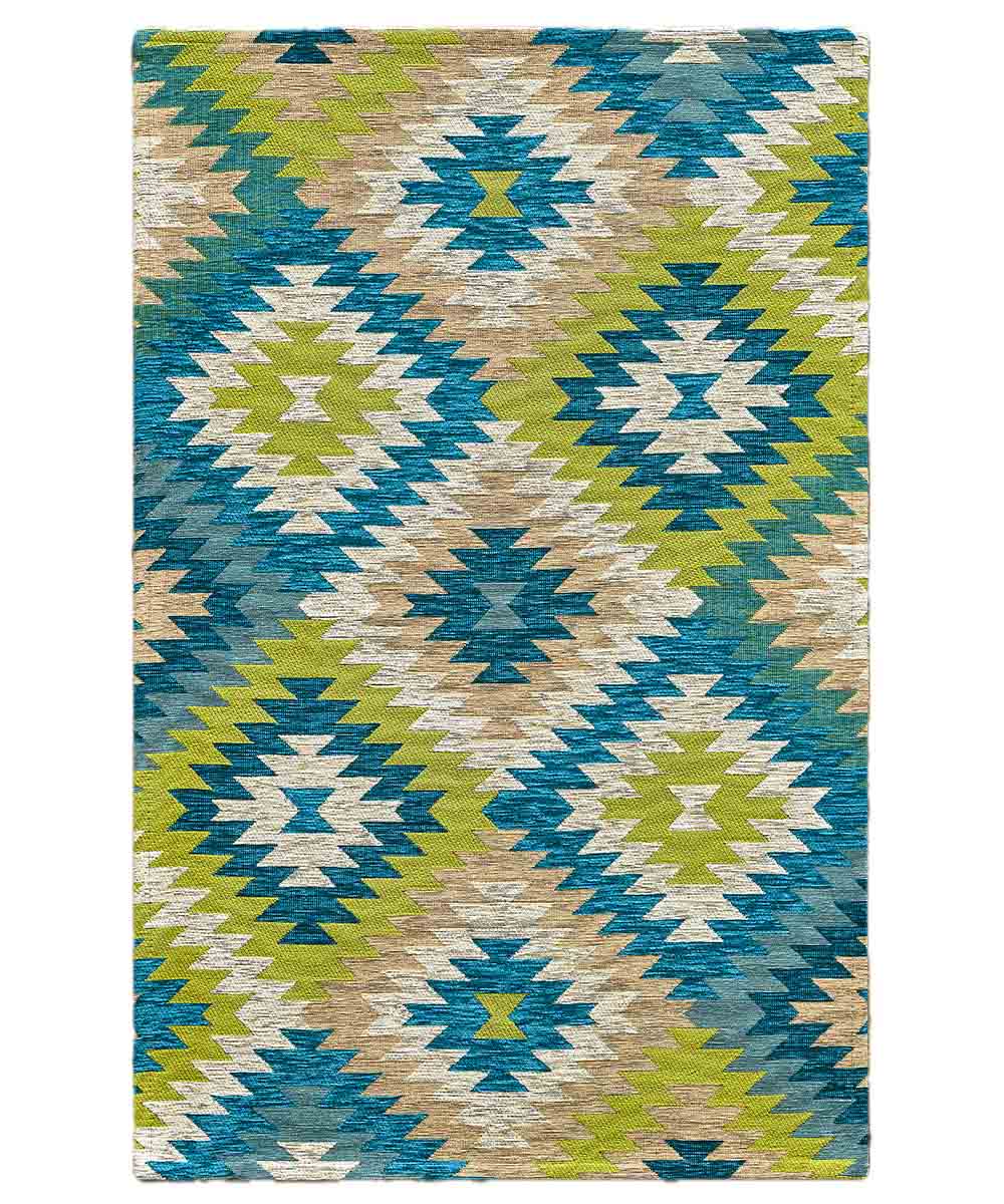 Tappeto moderno AVANA VERDE BLU geometrico etnico kilim, Tappeto arredo soggiorno salotto camera lavabile anti-scivolo cm.175x240