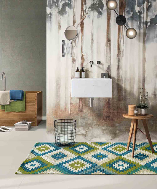 Passatoia moderna AVANA VERDE BLU contemporaneo geometrico etnico kilim, tappetino multiuso lavabile anti-scivolo cm.55x80