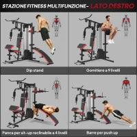 Stazione Fitness Multifunzione per Allenamento del Corpo, in Acciaio e PU, 225x175x200 cm, Nero