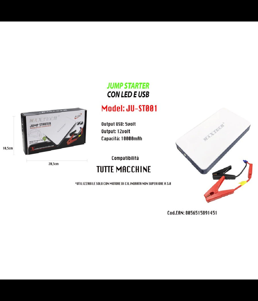 Avviatore Portatile Compatto Jump Starter Con Led Usb 10000mah Maxtech Ju-st001         